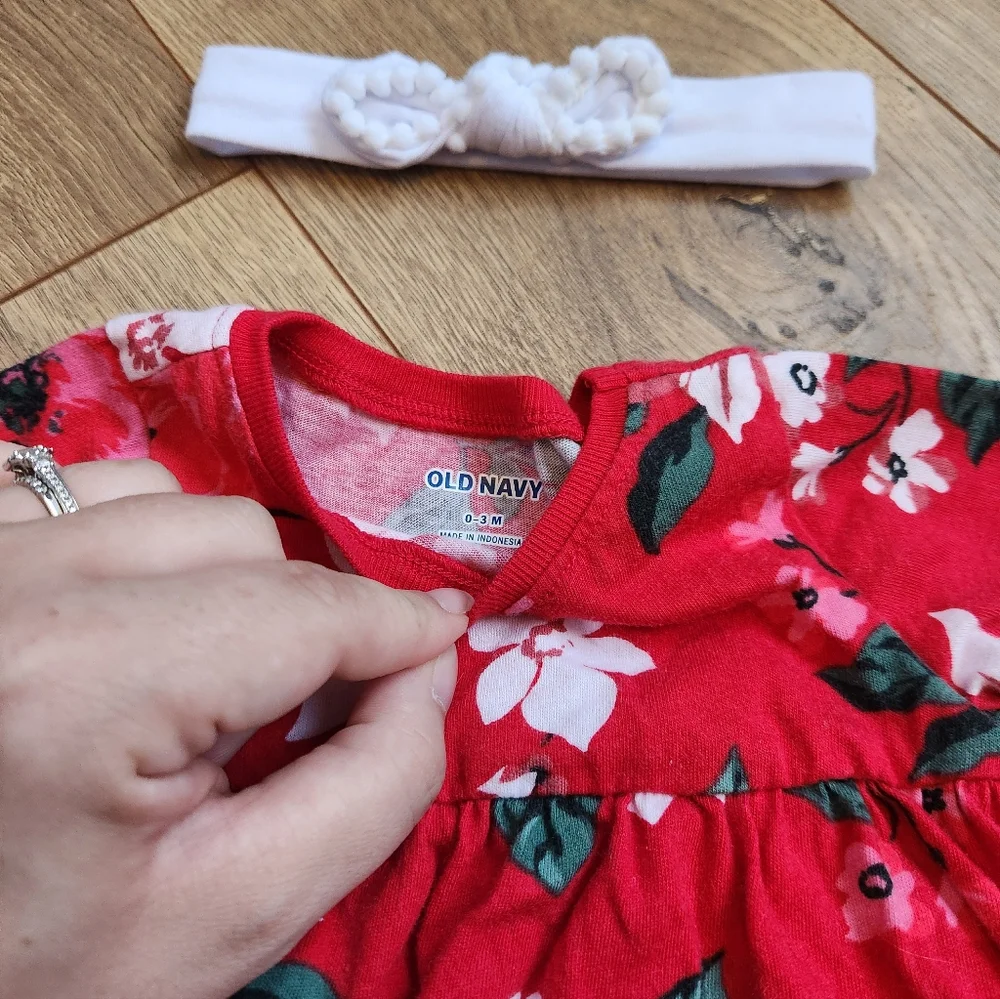 0-3 Floral Red Baby Dress with Headband